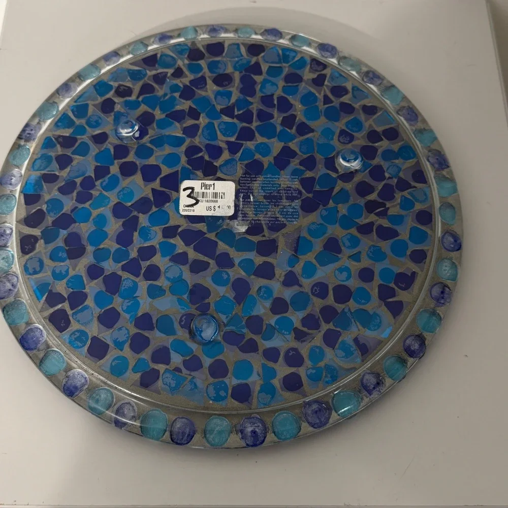 Pier 1 Mosaic Candle Plate  Blue Teal Glass Decorative Tray 11in